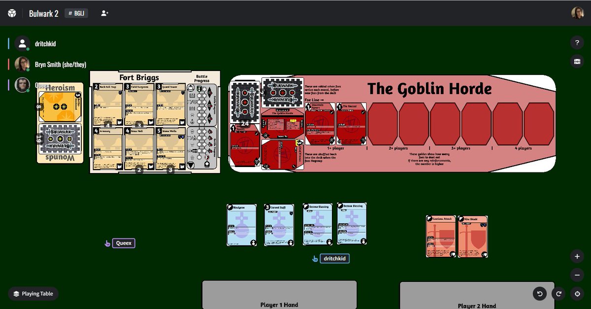 Caitlyn Greene (@boardgamebryn) on Twitter photo Still at <a href="/BreakMyGameG/">Break My Game</a> and really enjoying playing Bulwark by <a href="/ChthonicQueex/">Ben Wright - Gone for good</a>! It's a cooperative deckbuilder where we play heroes taking on a Goblin Horde (at least in this scenario)! Still at <a href="/BreakMyGameG/">Break My Game</a> and really enjoying playing Bulwark by <a href="/ChthonicQueex/">Ben Wright - Gone for good</a>! It's a cooperative deckbuilder where we play heroes taking on a Goblin Horde (at least in this scenario)!