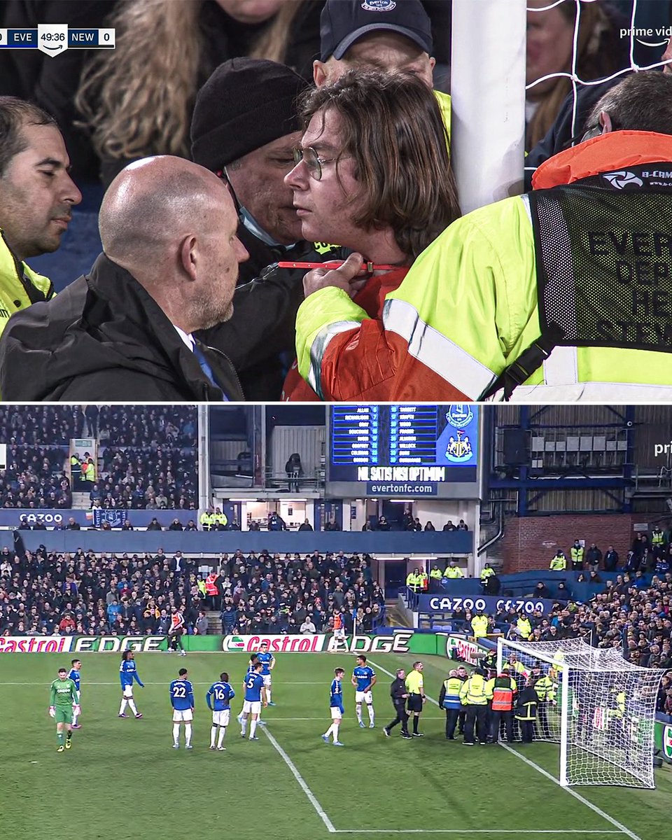 ESPNFC's tweet photo. The Everton-Newcastle match has been delayed after a fan came on the pitch and tied themselves to the post. https://t.co/3r872uxZmI