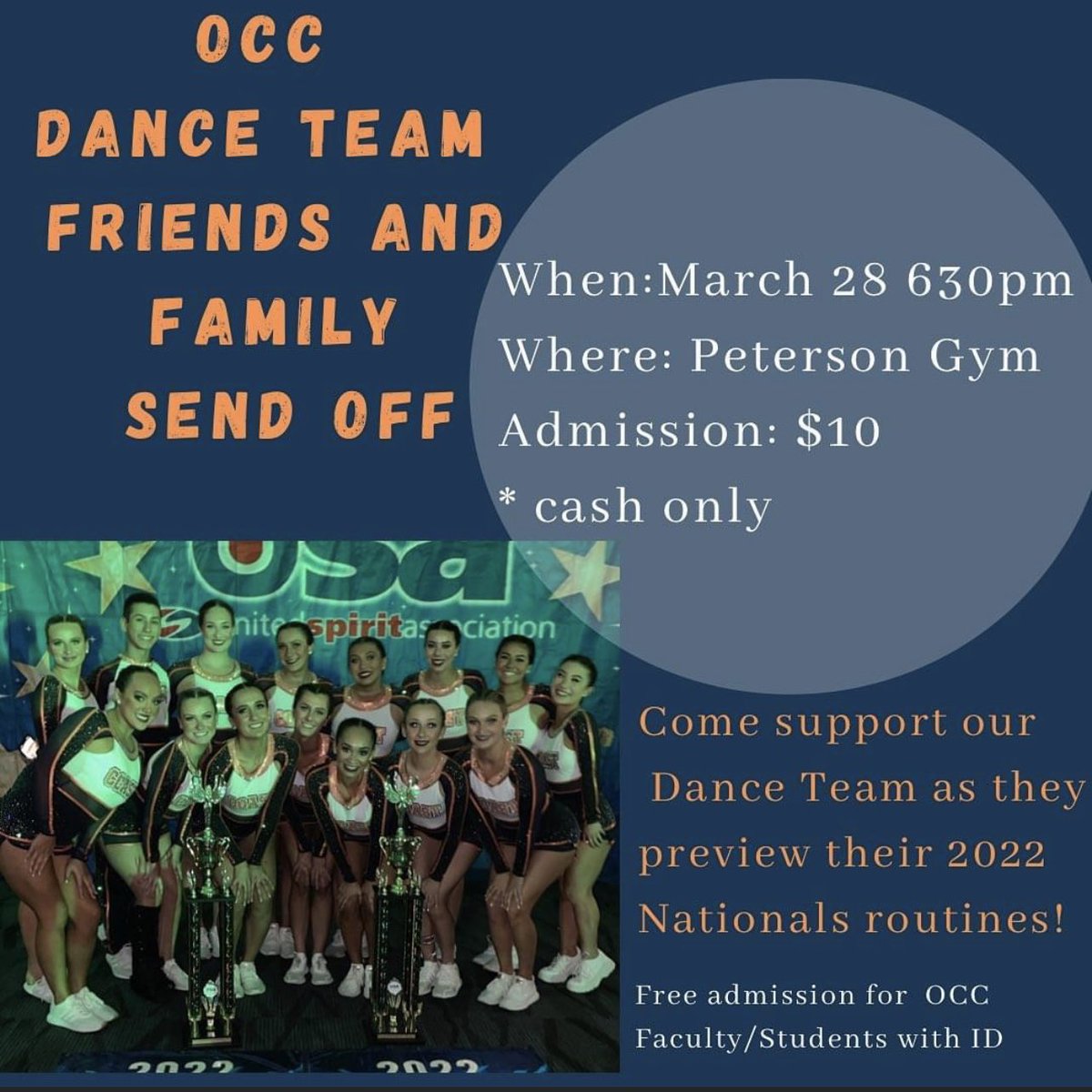 occ_cheer_dance's tweet photo. Come support our dance team as we perform our 2022 Pom and Jazz routines before heading to NDA College Nationals! https://t.co/trGuFS8lFF