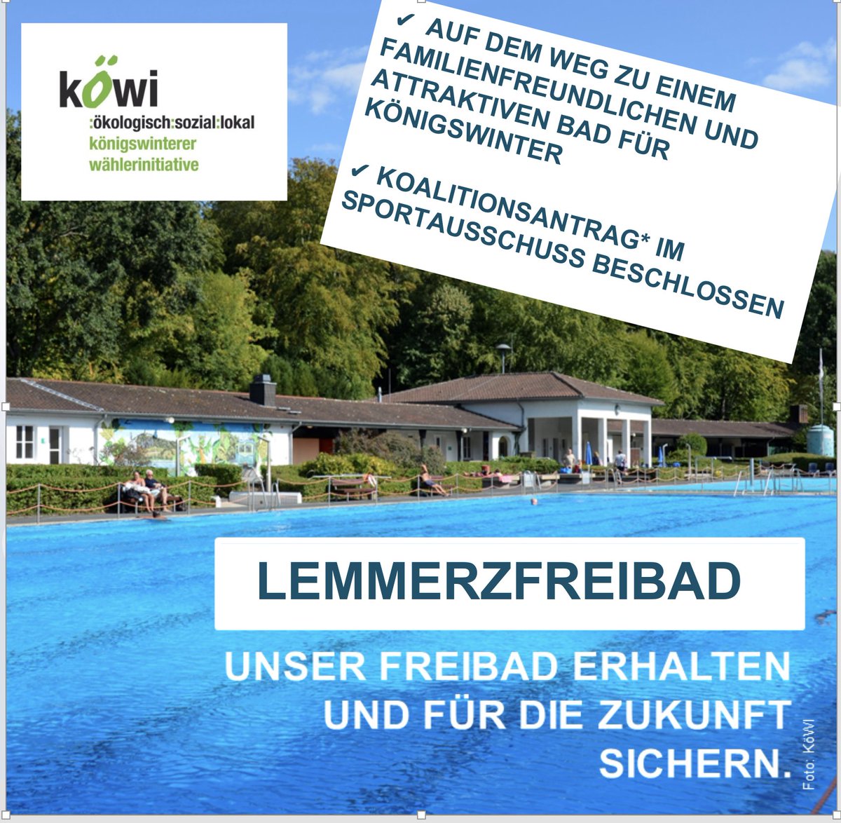 koewi_online's tweet photo. Gestern ist im Sportausschuss endlich der Startschuss für den Erhalt des Lemmerzfreibades und eine zeitnahe   Konzepterstellung gefallen. Aspekte der Nachhaltigkeit und Familienfreundlichkeit sollen neben den Bedürfnissen weiterer Interessensgruppen Gehör finden. https://t.co/3yrI1lkXTY