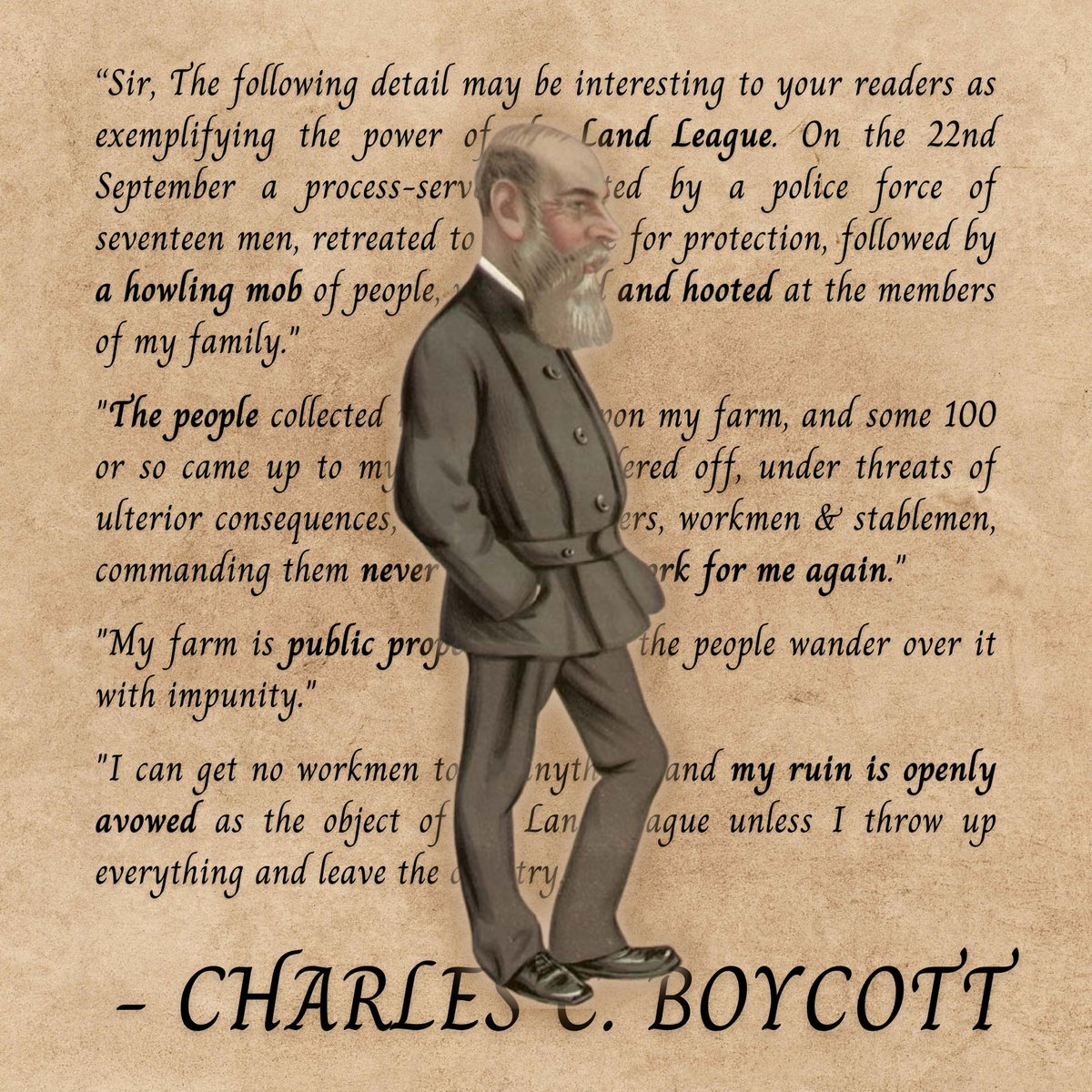 Happy #StPatricksDay! Did you know that Irish tenant farmers basically invented the boycott?

☘️ In 1880, amidst eviction threats in the wake of famine, the Irish Land League successfully campaigned to isolate Charles C Boycott, who collected rent for colonial absentee landlords.