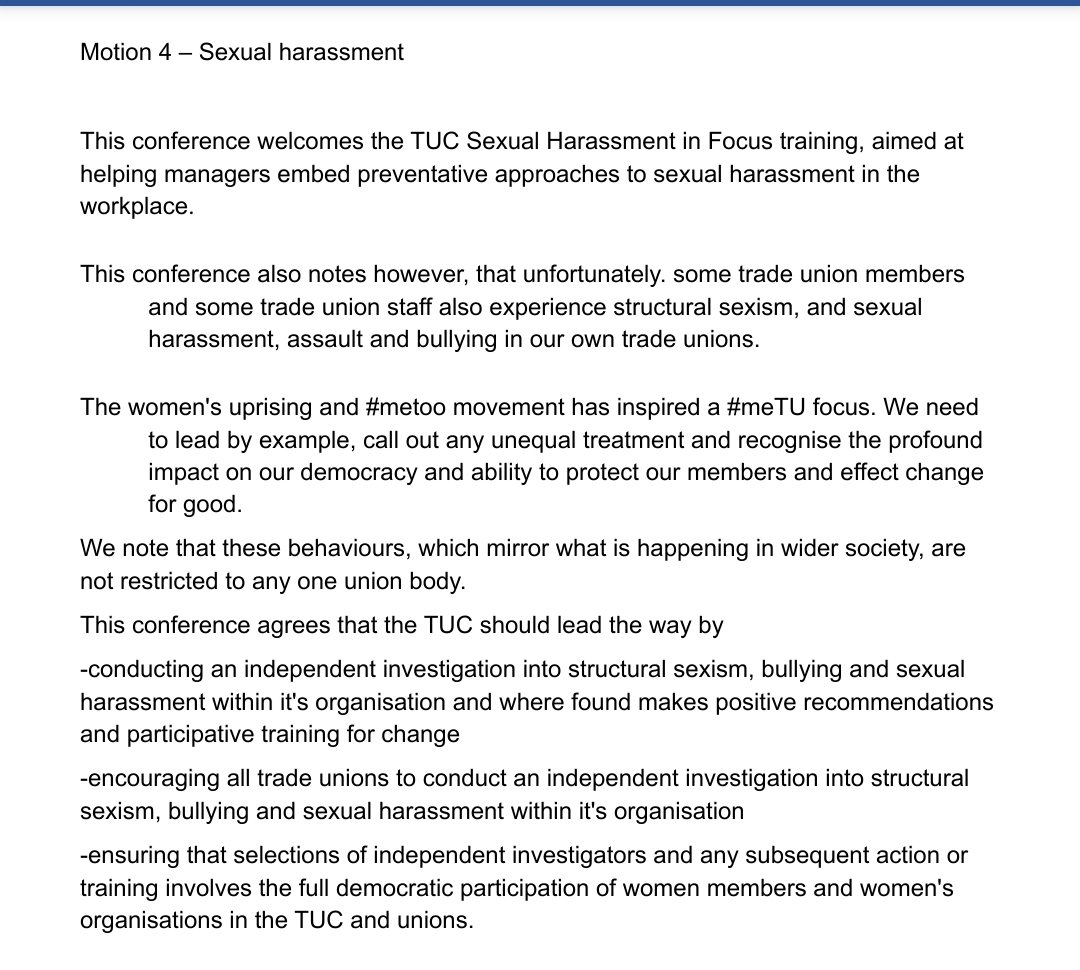 tssawomen's tweet photo. Womens TUC conference unanimously passed Motion 4 from TSSA on sexual harrassment. However, it disappeared from the ballot to choose a motion to main TUC. A new ballot has now been sent out to lead delegates. Can all sisters vote for motion 4 in ballot rerun? Solidarity! https://t.co/MkUf6p7oOv