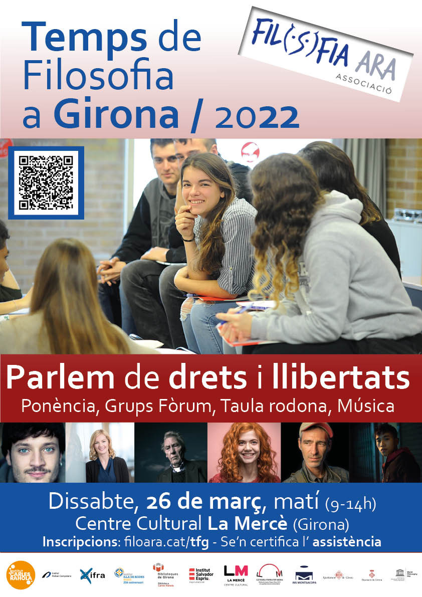 FilosofiaAra's tweet photo. 📢 Primera edició de «Temps de filosofia a Girona». Aquest 26 de març parlarem de drets i llibertat a @LaMerceGirona amb la col·laboració de la @UdGFerraterM. 

✍️Cal inscripció prèvia: https://t.co/psWUTAV0JG https://t.co/LWZyZMs1Q3