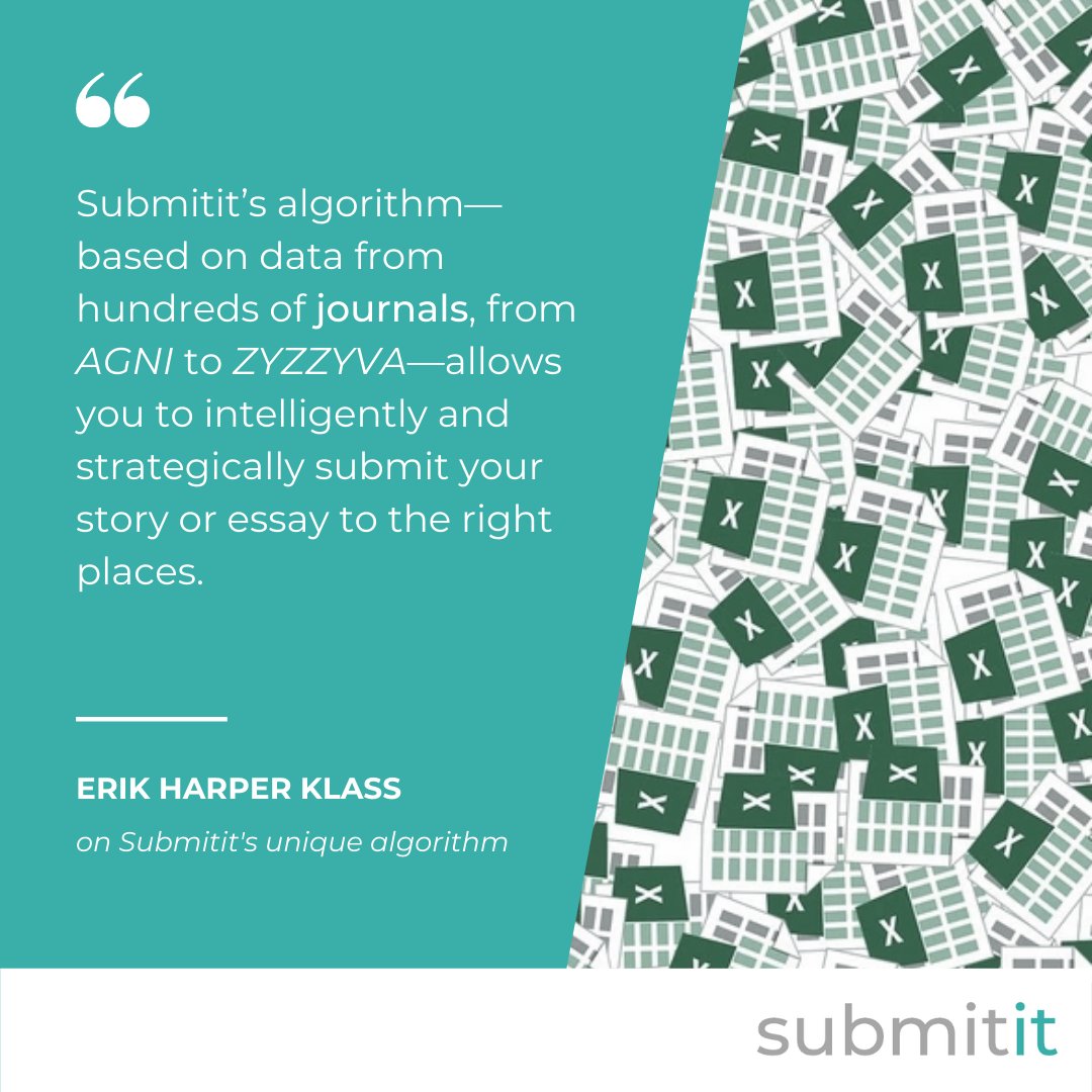 Submitit_Now's tweet image. Are you a #writer looking to #publish your work? With the fanciest, shmanciest algorithm of all time, Submitit takes the guesswork out of submitting to literary journals. DM us for help with literary journal submissions, editing, and consulting. submititnow.com