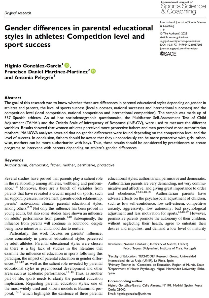 albercoke's tweet photo. Nuevo artículo publicado junto a @HiginioMurcia y Antonia Pelegrín. "Gender differences in parental educational styles in athletes: Competition level and sport success".
https://t.co/E1ReAcdZZW https://t.co/lVh8tQ6Lv0