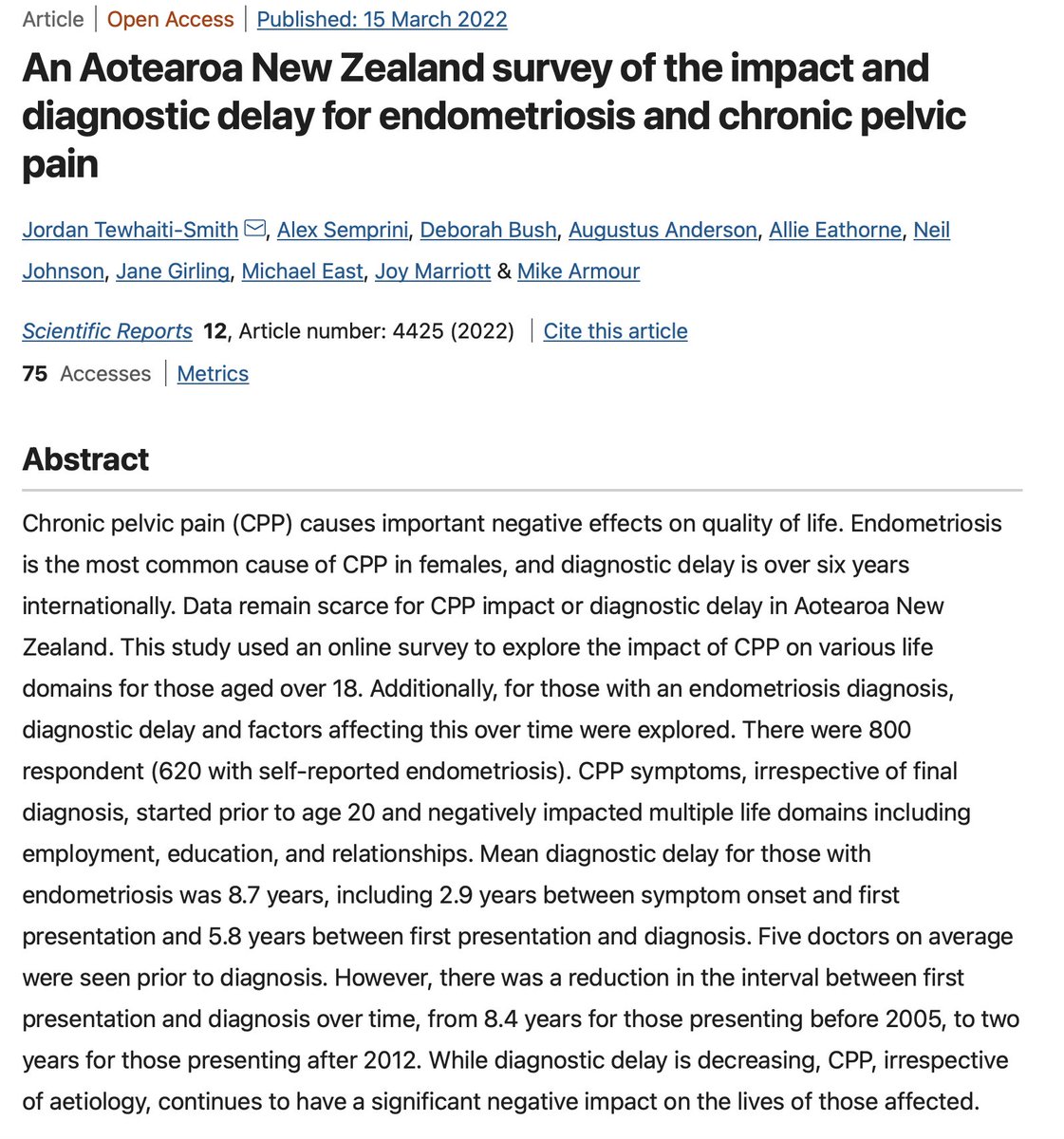 drmikenz's tweet photo. Our teams new study out today on diagnostic delay and impact of those with #endometriosis and other #chronic pelvic pain in #aotearoa new zealand. 

8.7 year diagnostic delay overall, with delay decreasing a lot over time but we still have a way to go. 

https://t.co/6xMOCN8yb1 https://t.co/DD4jBu3u4M