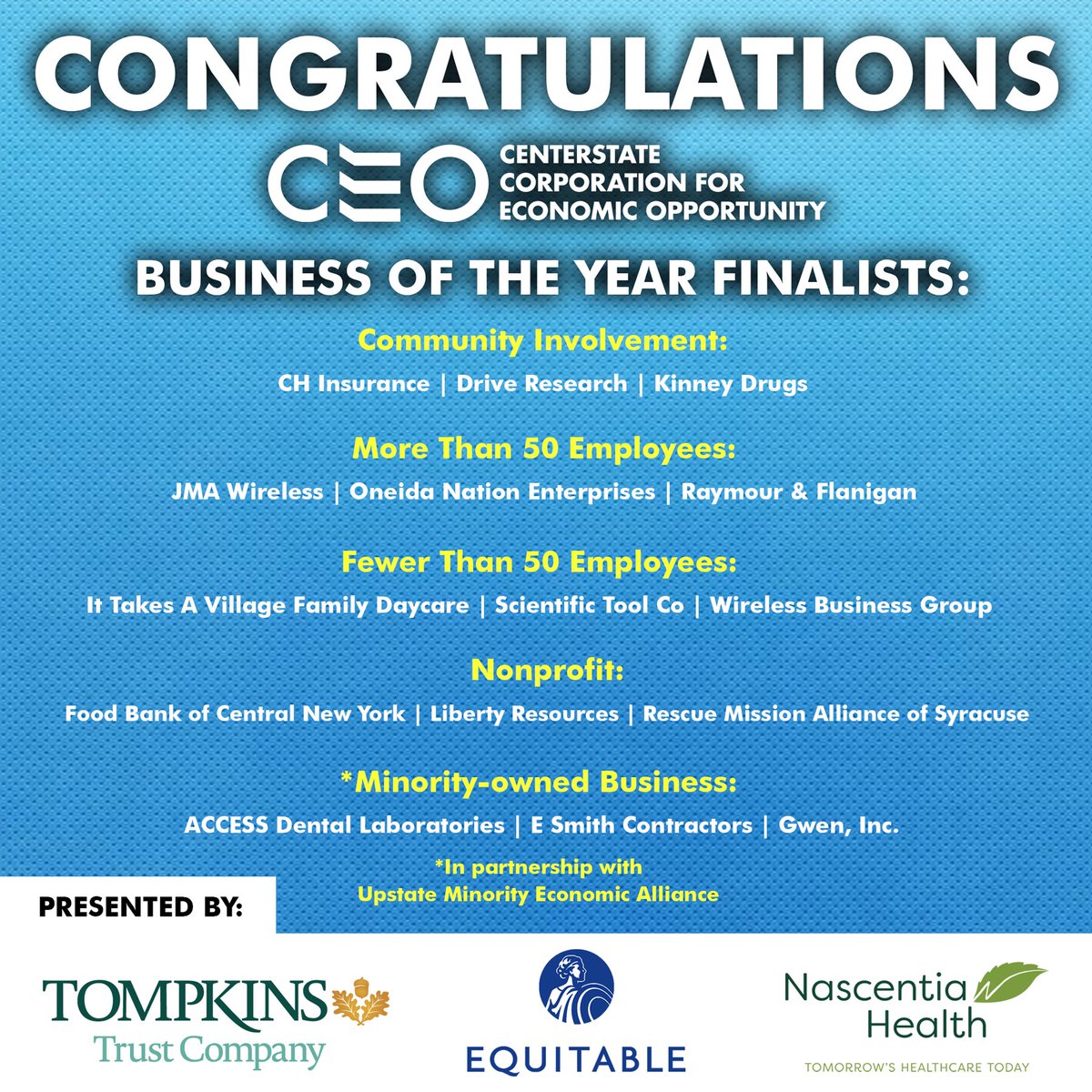 CenterState CEO today announced finalists for its 2022 Business of the Year awards. The awards celebrate member companies and organizations for their outstanding success and the role they play in strengthening the region. View more, here: bit.ly/3u7aLVl