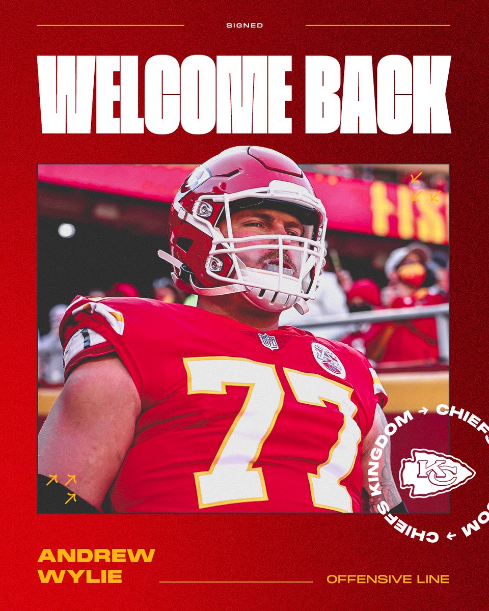 Chiefs's tweet photo. From rippin' packs to blocking sacks, welcome back @RealAndrewWylie! ✍️ https://t.co/377x18iQ20
