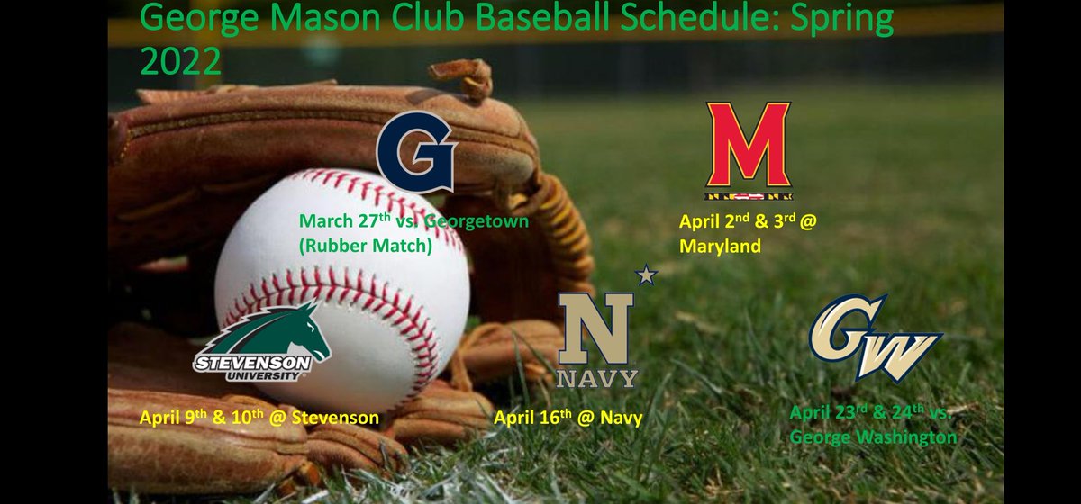 GMUClubBaseball's tweet photo. We hope your Spring Break is going well, Mason Nation! Here is our modified schedule for the spring. Looking forward to getting back on the field here soon! 

#roadtoPA https://t.co/OUD2GF1HB4