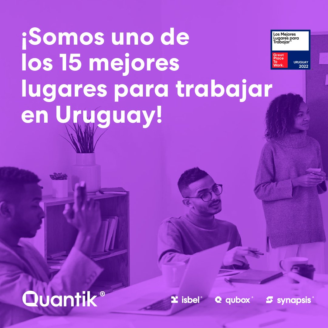 QuantikTeam's tweet photo. 🎊 ¡Estamos en el puesto 15 de Los Mejores Lugares para Trabajar 2022 del ranking de @GPTW_Uruguay!

💜Este reconocimiento es un logro de todas las personas que trabajan en Quantik y nos motiva para seguir mejorando. ¡Gracias!

#SomosQuantik
 
#LosMejoresUY2022
#GPTW2022 https://t.co/1eMI4CBi1w