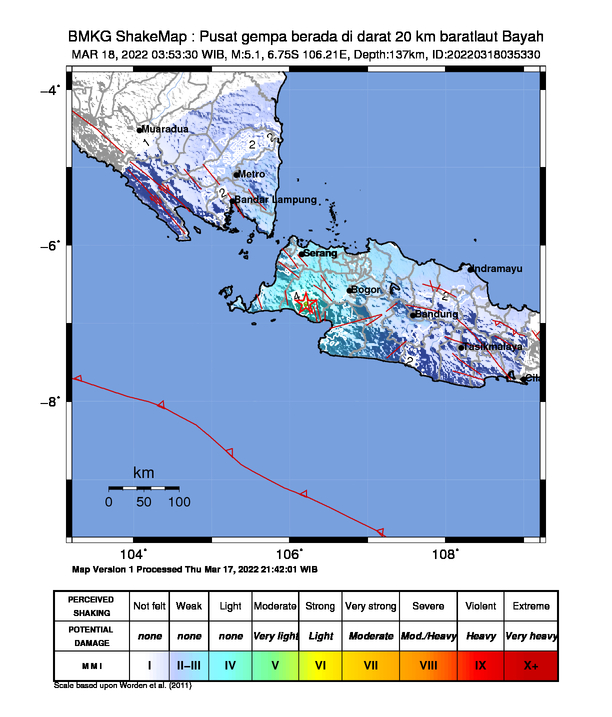 infoBMKG's tweet photo. #Gempa Mag:5.1, 18-Mar-22 03:53:30 WIB, Lok:6.75 LS, 106.21 BT (Pusat gempa berada di darat 20 km baratlaut Bayah), Kedlmn:137 Km Dirasakan (MMI) II-III Cibaliung, I-II Bogor , I-II Depok, I-II Karawaci, I-II Tangerang, I-II Tangerang Selatan #BMKG https://t.co/FdHyjWNoQy