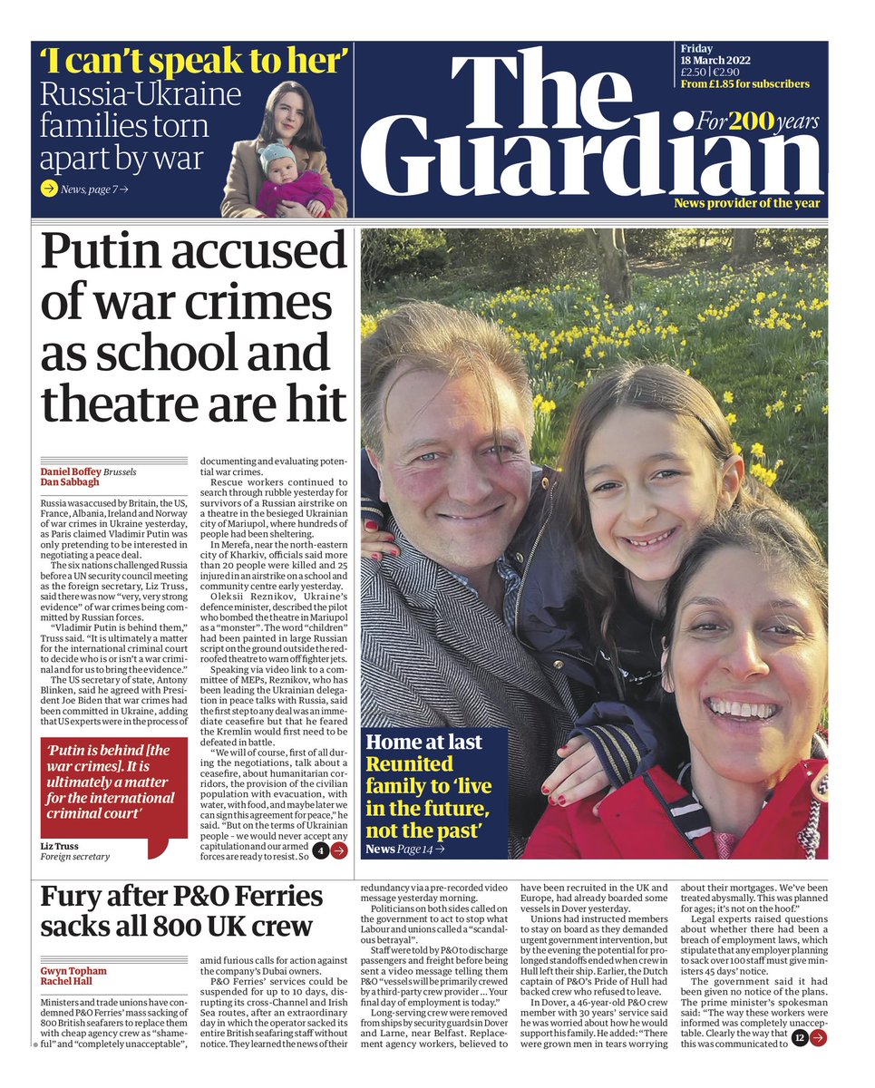 guardian's tweet photo. Guardian front page, Friday 18 March 2022: Putin accused of war crimes as school and theatre are hit https://t.co/N9wkF7WCe5