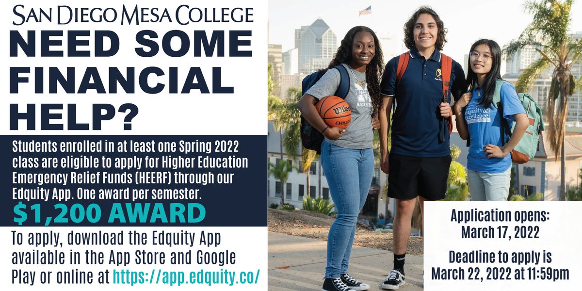 Olympians! Apply for $1,200 in HEERF Funds. Students must be enrolled in at least one Spring 2022 class.
In order to receive the funds, students will need to download the @edquityapp or apply online here: app.edquity.co