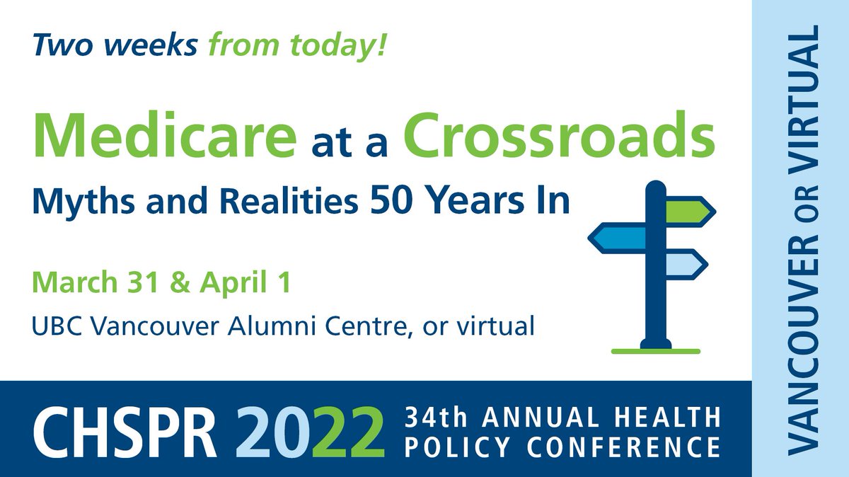 Only two weeks until #CHSPR2022 Medicare at a Crossroads: Myths and Realities 50 Years In. See our speakers, program, & virtual & in-person registration options at chspr.ubc.ca/conference/. 1/6