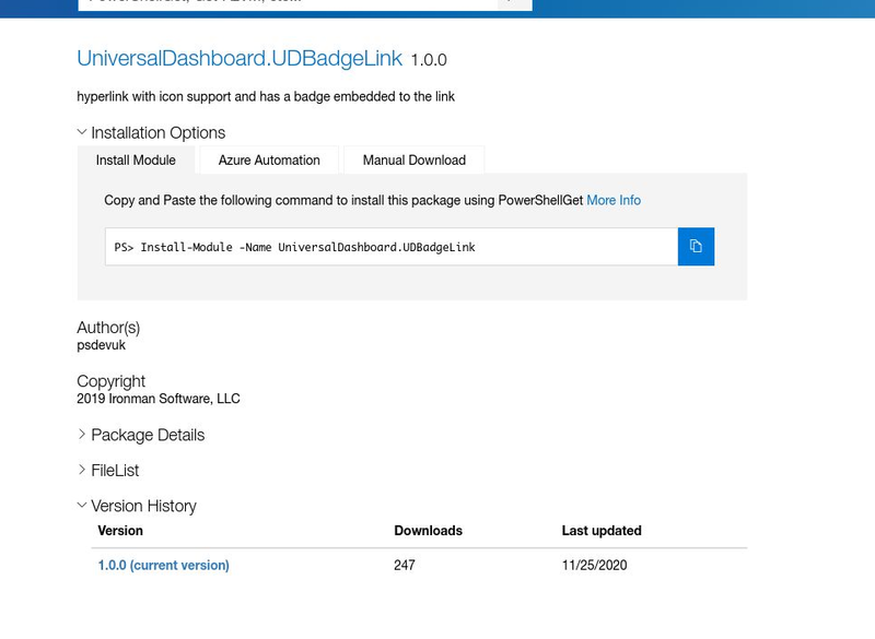 AndySvints's tweet photo. #Module: UniversalDashboard.UDBadgeLink
Author: psdevuk
ProjectUri: https://t.co/0x2r1ABwju
hyperlink with icon support and has a badge embedded to the link

#AndySvints #RandomPSModule #universaldashboard #ud-dashboard #ud-badgelink https://t.co/lzG4fU63qR