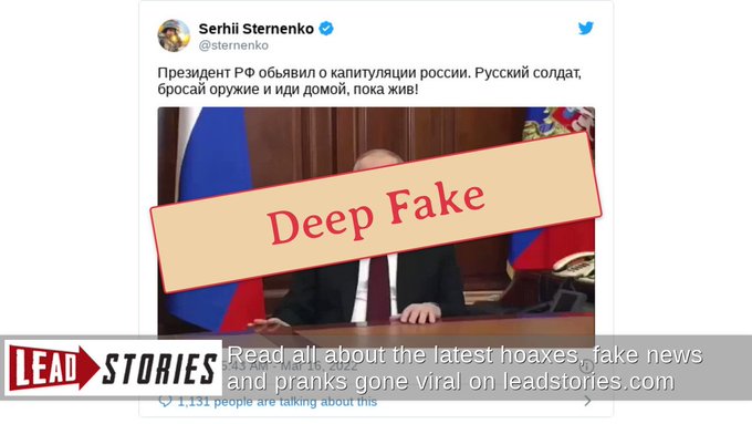 DunkenKBliths's tweet photo. First time in history #deepfake #videos showing leaders of both sides of the war giving false news to its people and enemies....it was inevitable that this would happen at some point, the ultimate disinformation vehicle is now a weapon.....
#Ai #NotForGood #Video #Weapon https://t.co/yC1blSUM3o