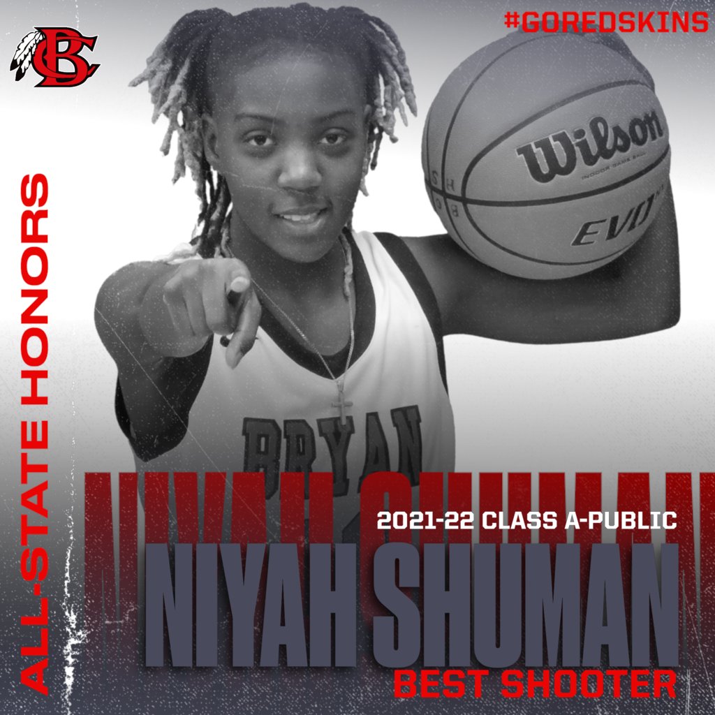 BryanCountyMHS's tweet photo. Congratulations to Niyah Shuman! She was named the 2021-22 Girls Basketball All-State Honors Class A-Public BEST SHOOTER! #BeBC❤️🤍 #GoRedskins❤️🤍 https://t.co/Mpu5bp26VD