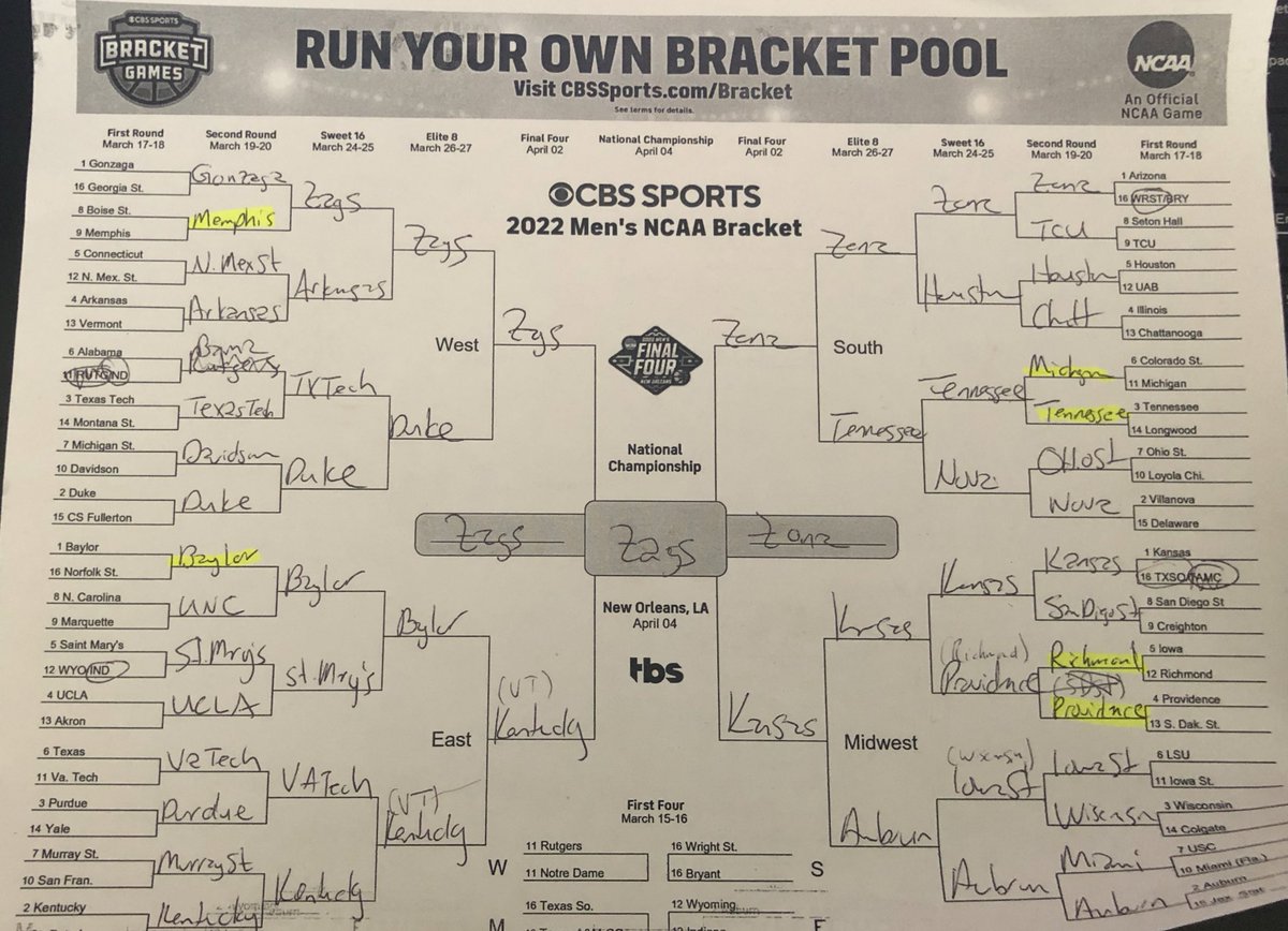 SportsHeather's tweet image. My bracket so far (the games in () are the picks that are different on my online bracket for work)… my personal bracket is perfect so  far #itsearly #gonnafallapart #alwaysdoes #MarchMadness