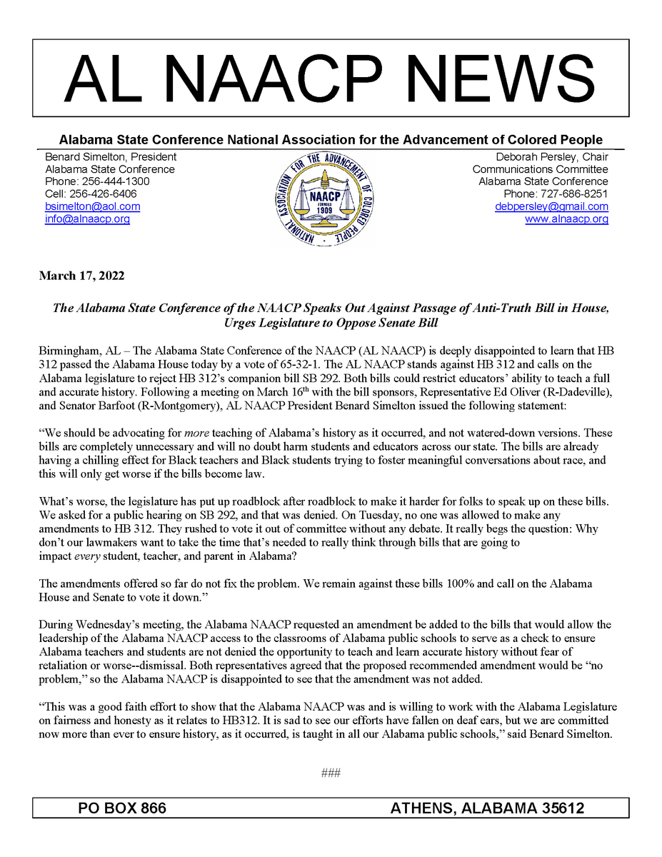 "We are committed now more than ever to ensure history, as it occurred, is taught in all our Alabama public schools." -Benard Simelton, President AL NAACP <a href="/NAACP_LDF/">Legal Defense Fund</a>