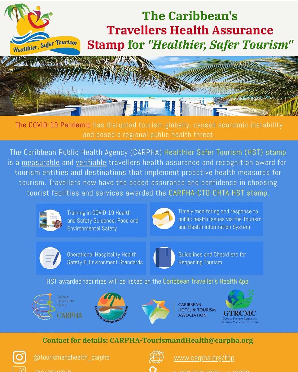 indar_lisa's tweet photo. Tourism stakeholders, sign up now for #CARPHA #Regional #Healthier #Safer #Tourism (HST) Stamp especially we continue to mitigate #COVID-19 and ensure our #travellers have a happy, #healthy and #safe stay in the #Caribbean. https://t.co/1h61uLok2Y