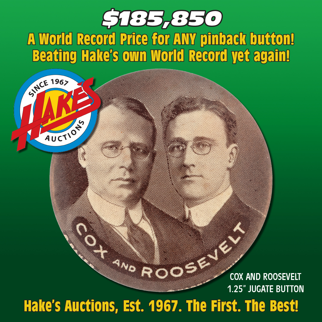 HakesAuctions's tweet photo. This Cox Roosevelt Jugate Button sold by Hake's Auctions set a new record! Contact us today to sell yours!
#DiamondInternationalGalleries #PREVIEWSworld #HakesAuctions #antiques #vintage #collectibles #APIC_USA #FDR #Roosevelt #history #politicalmemorabilia #politicalcollectors https://t.co/tcxgf6UQgm