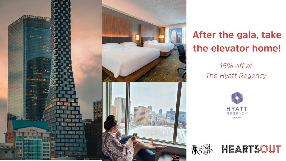 heartsoutyyc's tweet photo. Take the elevator home! The Hyatt Regency is kindly offering HEARTS OUT attendees a 15% discount to stay at the gorgeous hotel after the party. Purchase your tickets for HEARTS OUT at https://t.co/j81mXiHeg0 to access your exclusive discount code. 
@HyattCalgary @YouthSingers https://t.co/rjxGBVTP3y