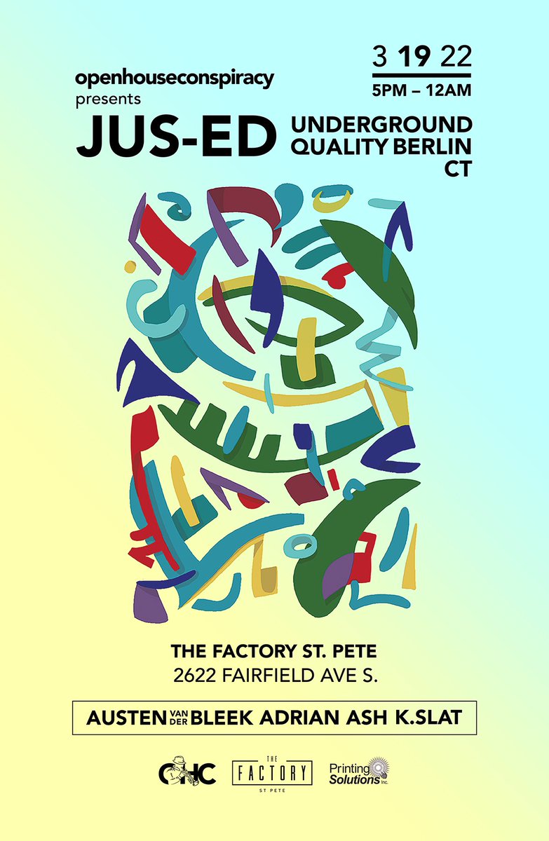 Coming full-circle with the return of <a href="/UndrgrndQuality/">Underground Quality</a>’s Jus-Ed for our first official party back in over 2 years this Saturday! Taking place in the open air garden of new creative arts destination, The Factory St. Pete.

openhouseconspiracy.com/tickets