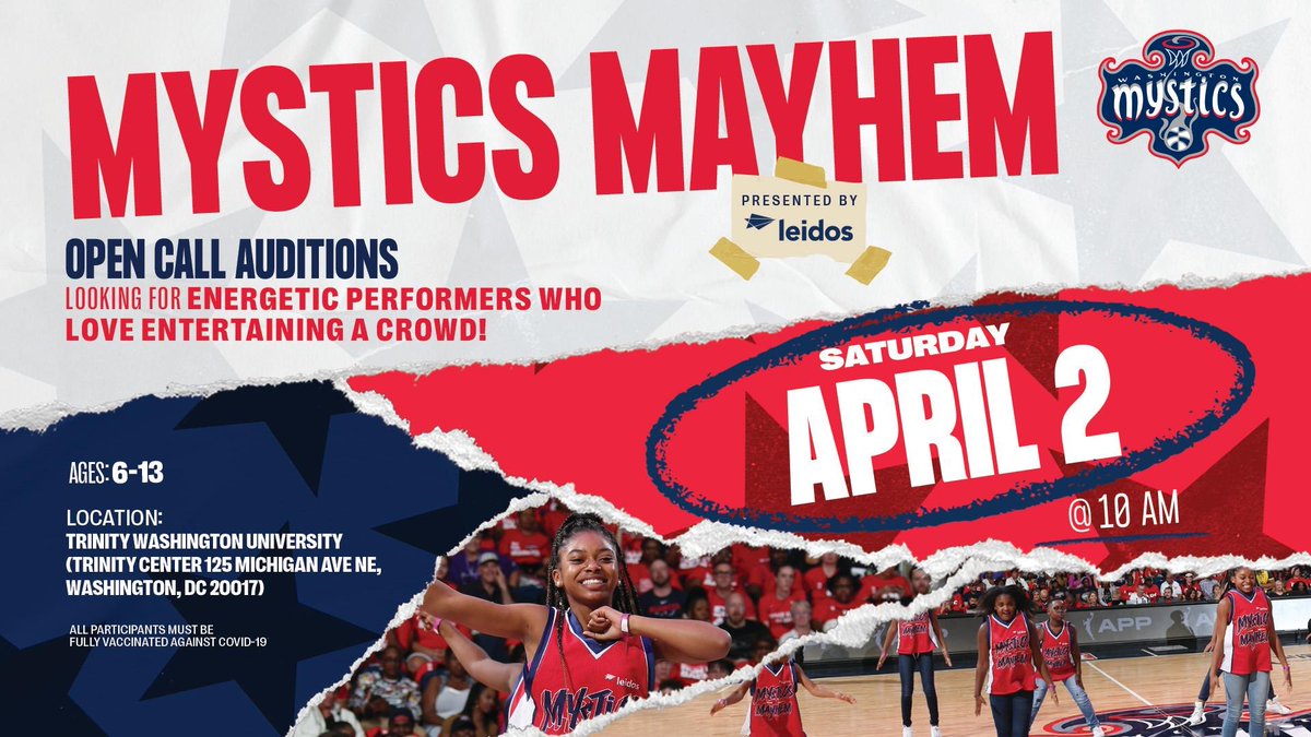 🗣 CALLING ALL KIDS! The Mystics Mayhem is back and looking for energetic youth performers for the Mystics season! 

REGISTER NOW for our Open Call Auditions on April 2nd! 🤩 wizards-youth-basketball.sportngin.com/register/form/…
.
.
#WNBA #WashingtonMystics #WashingtonDC #MysticsMayhem  #KidsDancers #DMVKids