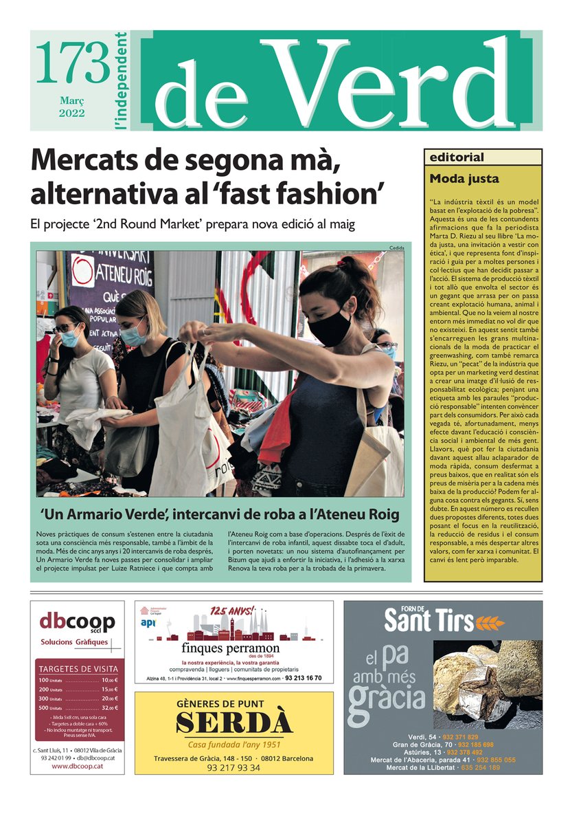 indepe_gracia's tweet image. L'independent d'aquesta setmana inclou el suplement #DeVerd del març, amb els temes: El projecte ‘2nd Round Market’ prepara nova edició al maig; ‘Un Armario Verde’, intercanvi de roba a l’@ateneu_roig. Llegeix-lo a independent.cat/en-paper/728/n… #viladegràcia