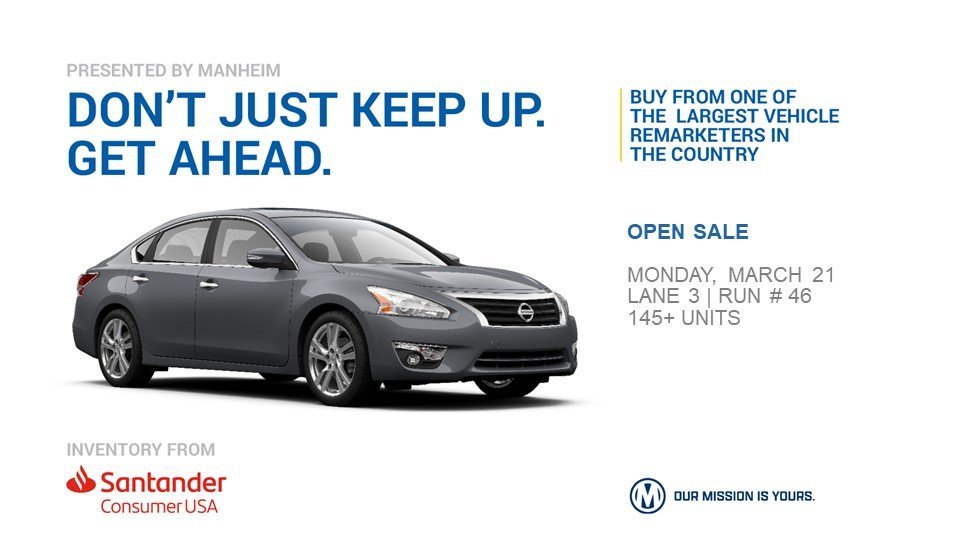 ManheimNC's tweet photo. When it comes to inventory get ahead with Santander Consumer.  Check out what they have to offer in Monday's sale!  See NOW  https://t.co/R5VzGLFwkB and make plans to join us.
#manheimnorthcarolina https://t.co/5mdu4BU7At