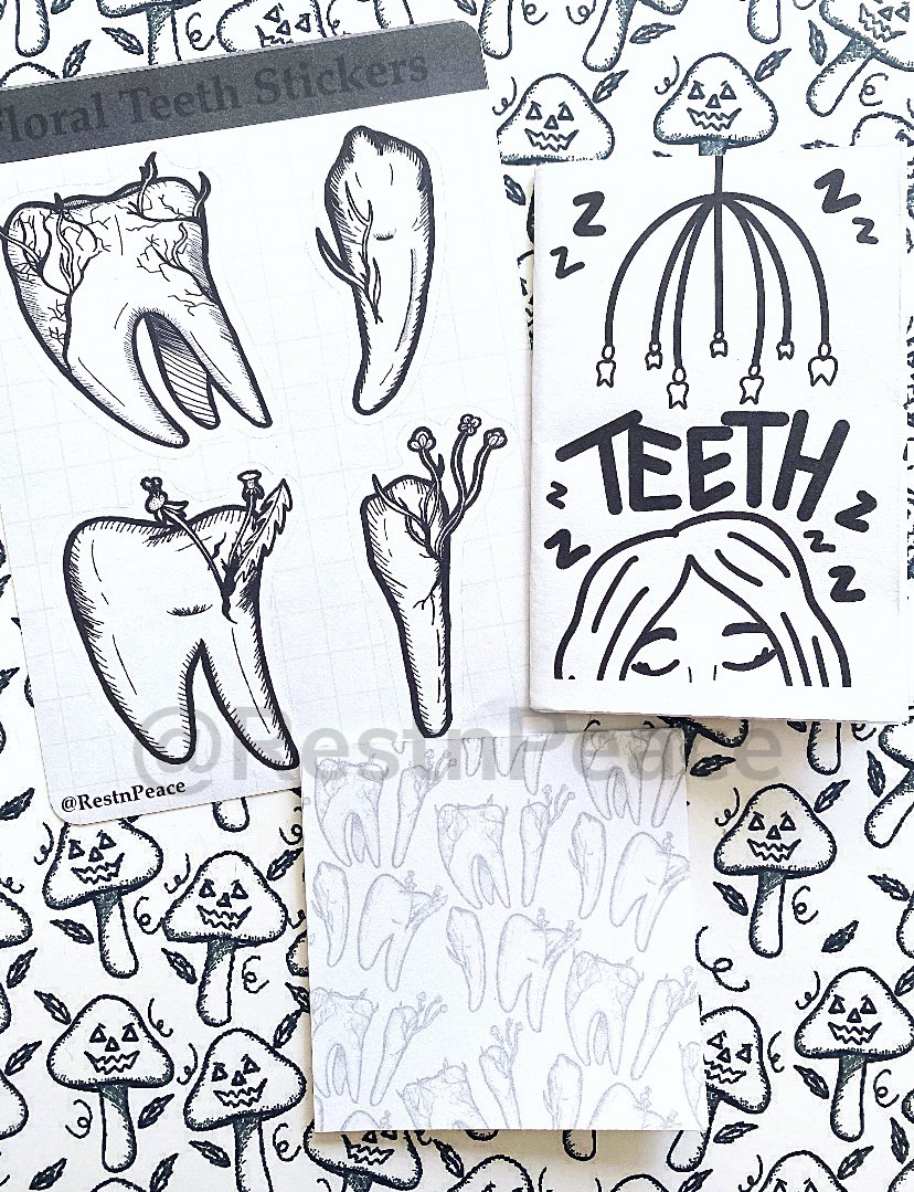 RestnPeaceEtsy's tweet photo. Patreon award’s for March!! Plus extras! Extras this month is sticker sheet, my Zine, and notepad 🦷 

#art #artshare #artist #gothicart #gothic #artwork #patreon #patreoncreator #patreonartist #teeth #tooth #etsy #etsyseller https://t.co/oKO3eB2k3J