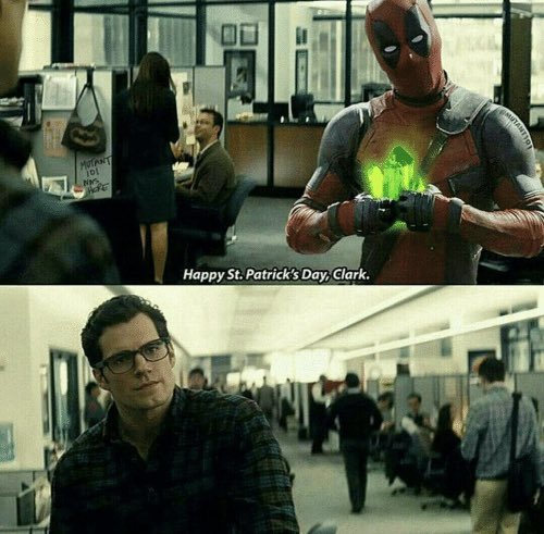 3GeekSenate's tweet photo. Happy St. Patrick’s day! 🍀 
.
#stpatricksday #happysaintpatricksday #happystpatricksday #deadpool #ClarkKent #RyanReynolds #HenryCavill https://t.co/ivqDZnH75j