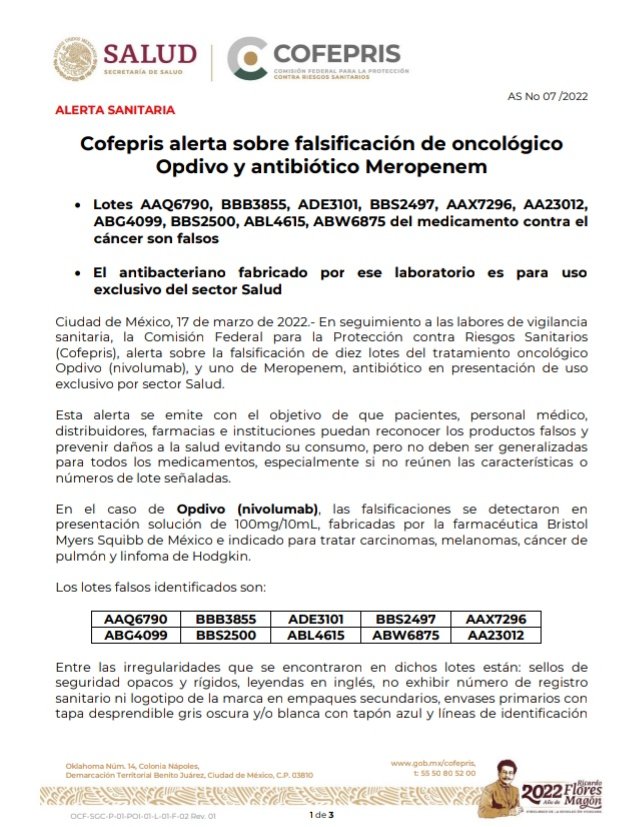 COFEPRIS's tweet photo. ⚠️#AlertaSanitaria ⚠️Cofepris alerta sobre falsificación de lotes de medicamento oncológico Opdivo y antibiótico Meropenem. 👇

https://t.co/nR5LbWg7TF https://t.co/AzE0PjhLhe