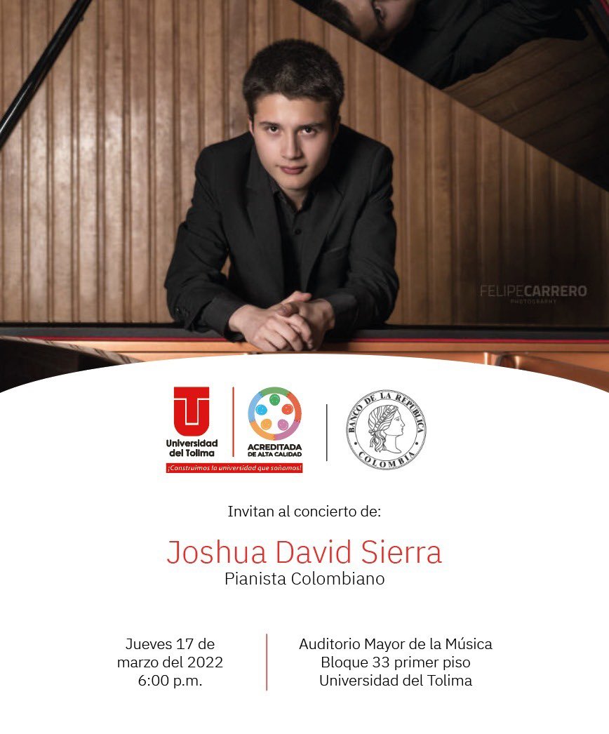 Uni_Tolima's tweet photo. #ViveLaUT | Esta noche regresan las noches de concierto en nuestro Auditorio Mayor de la Música. No te pierdas del concierto de piano de Joshua David Sierra. https://t.co/06OXn2Hidv