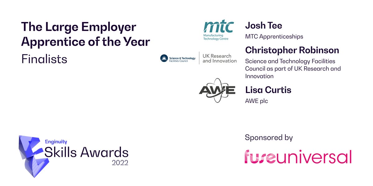 enginuityorg's tweet photo. The next award of the night is the Large Employer Apprentice of the Year, sponsored by Fuse Universal @Fuseuniversal. A reminder of our finalists below: https://t.co/jlDFmF195Y