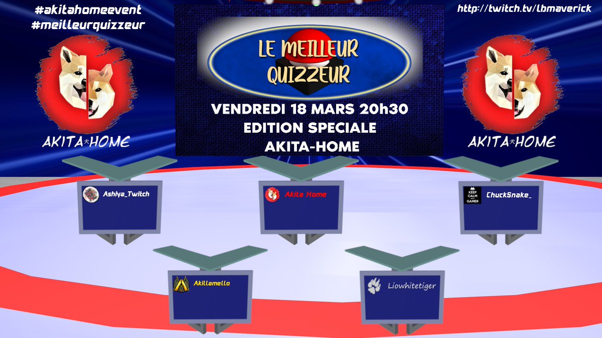 LBmaverick's tweet photo. Dire que demain, a cette même heure,.on saura qui de @akillamello @Ashiya_Twitch @chucksnake #liowhitetiger ou @AKITAHOME aura remporté #lemeilleurquizzeur
#twitch @TwitchFR 
Demain 20h30 sur https://t.co/7K4aKiKrTO https://t.co/Kcu6xo2ZCP