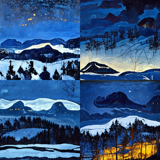 Prompt : "Winter night in the mountains Harald Sohlberg" #midjourney