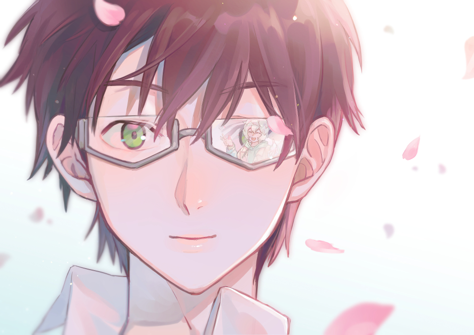 1boy male focus green eyes glasses solo petals brown hair  illustration images