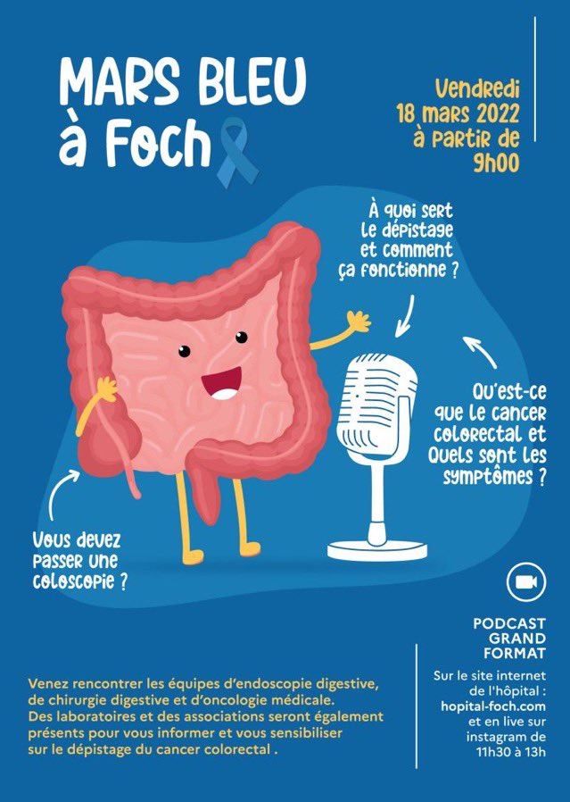 lasantesurtout's tweet photo. Rdv ce 18/03 en direct de @HopitalFoch à 11h30 pour un podcast grand format, également en live sur le compte Insta de l‘hôpital.Posez vos questions aux médecins ici ou sur : podcasts@hopital-foch.com      @laliguecancer @LigueCancer75 @ColonDays @AssoFranceColon @Institut_cancer https://t.co/yyVpWY8gDk