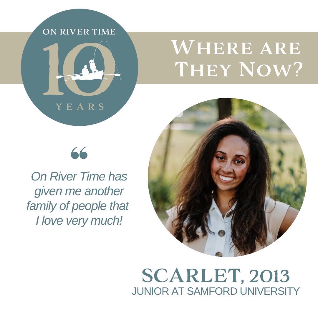 OnRiverTime's tweet photo. As we celebrate our 10 year anniversary we’re kicking off #wherearetheynow 🕰 Scarlet first attended On River Time camp in 2013 when she was 12 years old and living at Big Oak Ranch.
Today she’s one of our counselors! She’s a junior at @SamfordU !
#onrivertime https://t.co/QxFDHob03h