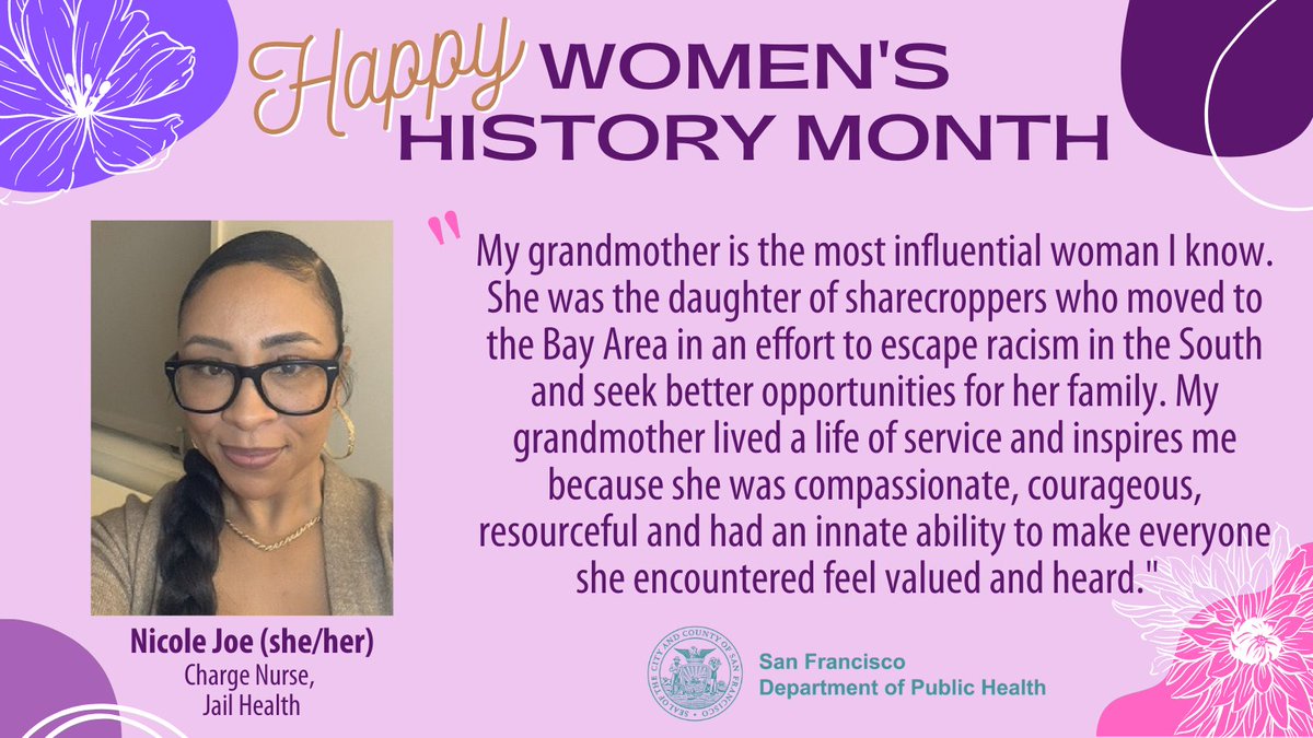 SF_DPH's tweet photo. "My grandmother is the most influential woman I know. She was the daughter of sharecroppers who moved to the Bay Area in an effort to escape racism in the South and seek better opportunities for her family..." -Nicole Joe π #WomensHistoryMonth #TeamDPH https://t.co/OLXzjLGiy1