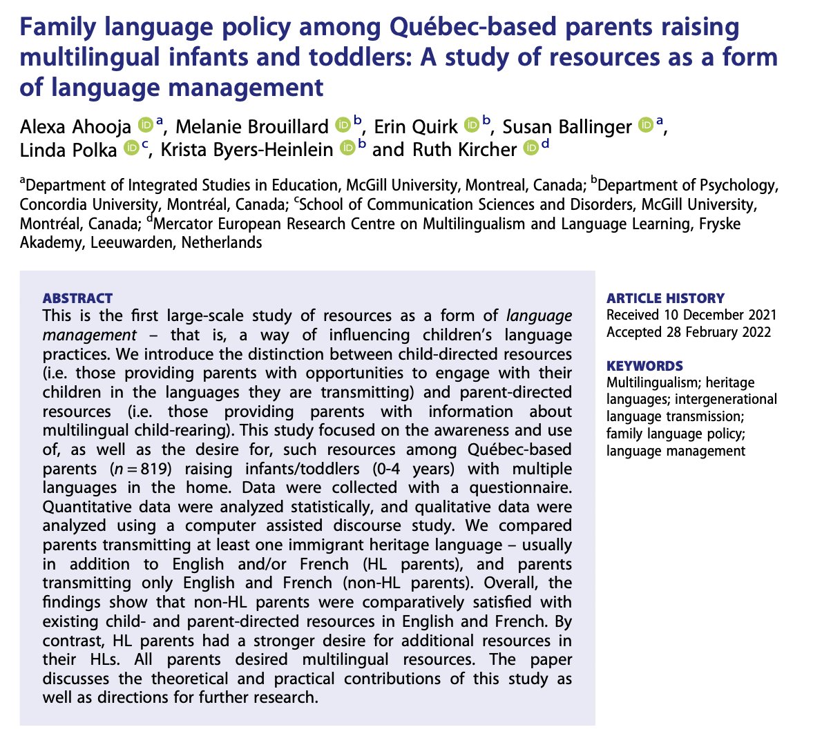 Delighted that the next paper in our series about #Quebec-based parents raising #multilingual kids is now out in JMMD—it examines #resources as a form of language management. Free e-prints here: tandfonline.com/eprint/QS7RBD4… #FamilyLanguagePolicy #HeritageLanguages #multilingualism