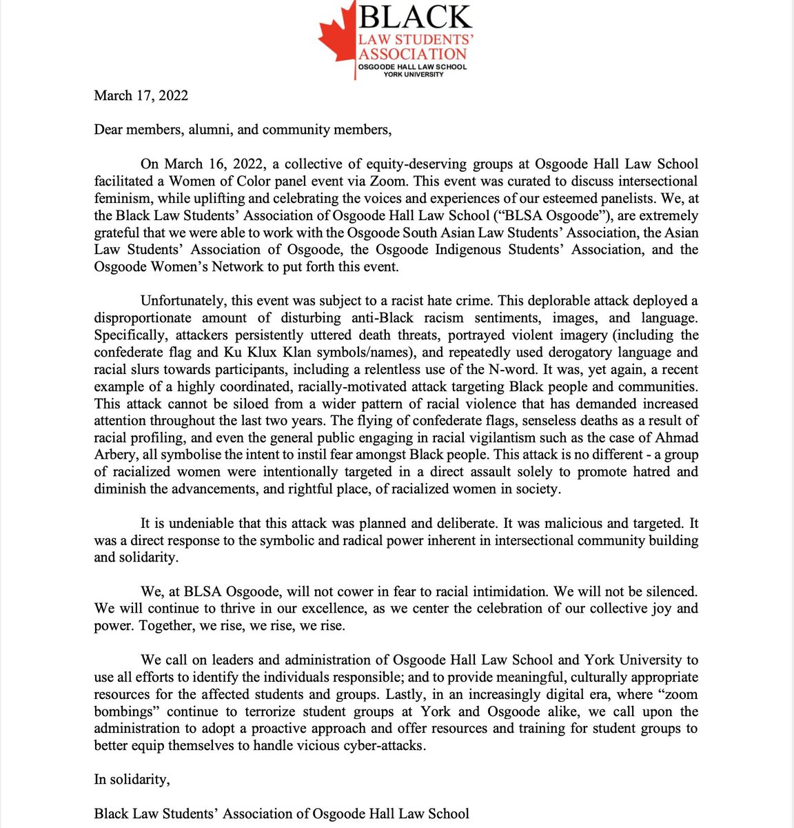 Please read BLSA Osgoode's statement addressing the incident that took place at the Women of Colour in Law Panel on Wed Mar 16. BLSA condemns any and all forms of racial discrimination towards Black students, lawyers and the broader community. For more, visit the link in our bio.