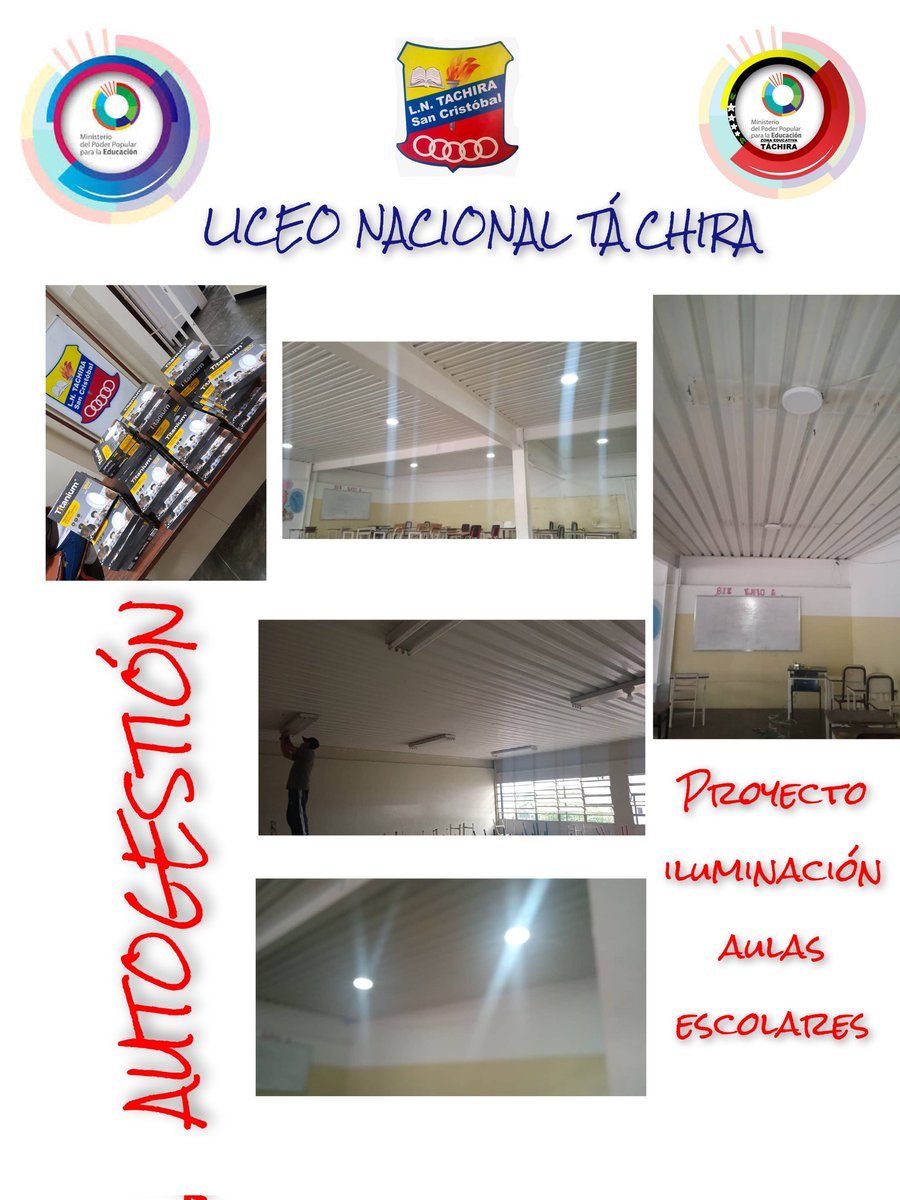 Iluminación de aulas gracias a la autogestión como alternativa para la solución de problemas y adquisicion de implementos necesarios para la institución en beneficio de todos.
@ZonaEducTachira <a href="/DGCE_MPPE/">D.G. Comunidades Educativas 🇻🇪</a> @MPPEDUCACION @SPETachira <a href="/Berzabethg1/">Berzabethgandicaoficial</a> <a href="/_LaAvanzadora/">Yelitze Santaella</a>