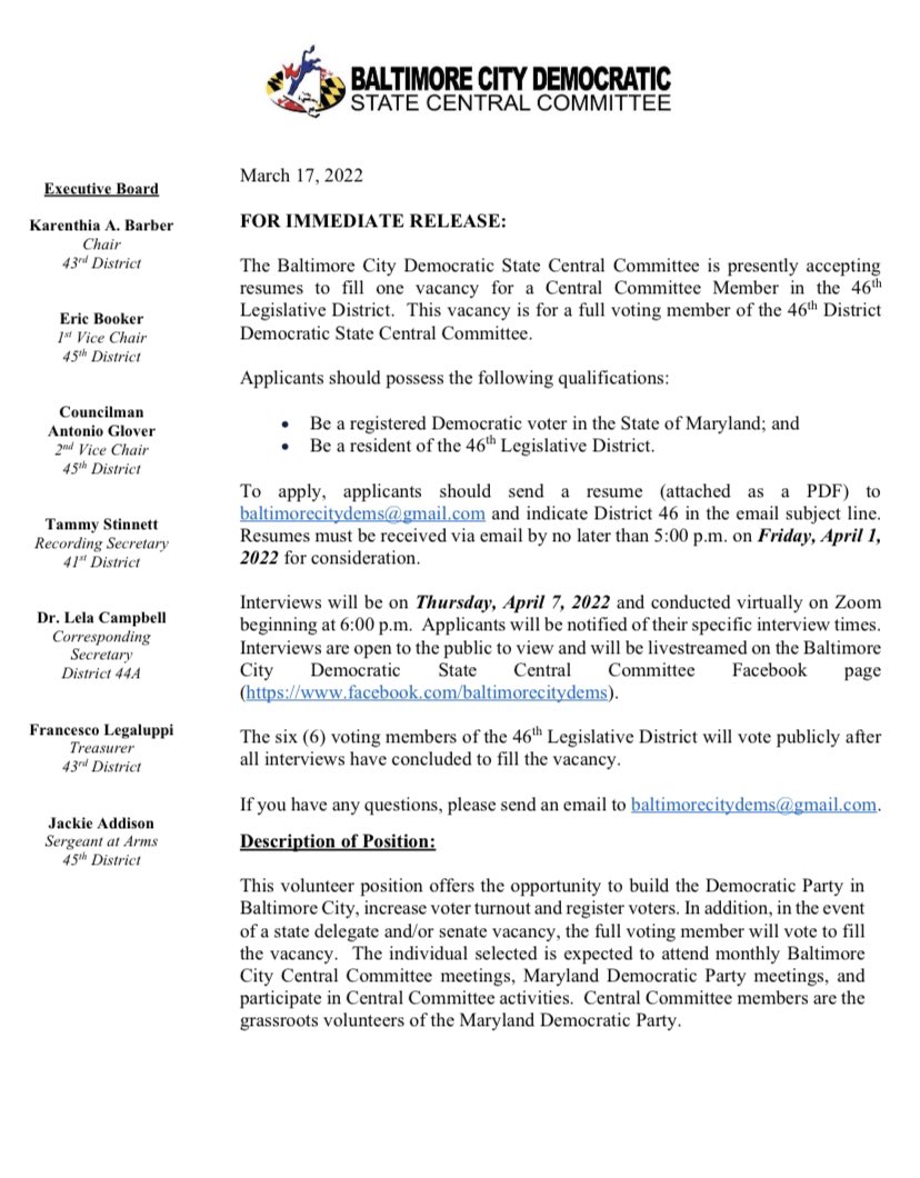 If you live in Maryland’s 46th Legislative District, please consider applying for a vacant seat on the <a href="/BaltimoreDems/">Baltimore City Democratic State Central Committee</a> Central Committee. #vote2bmore