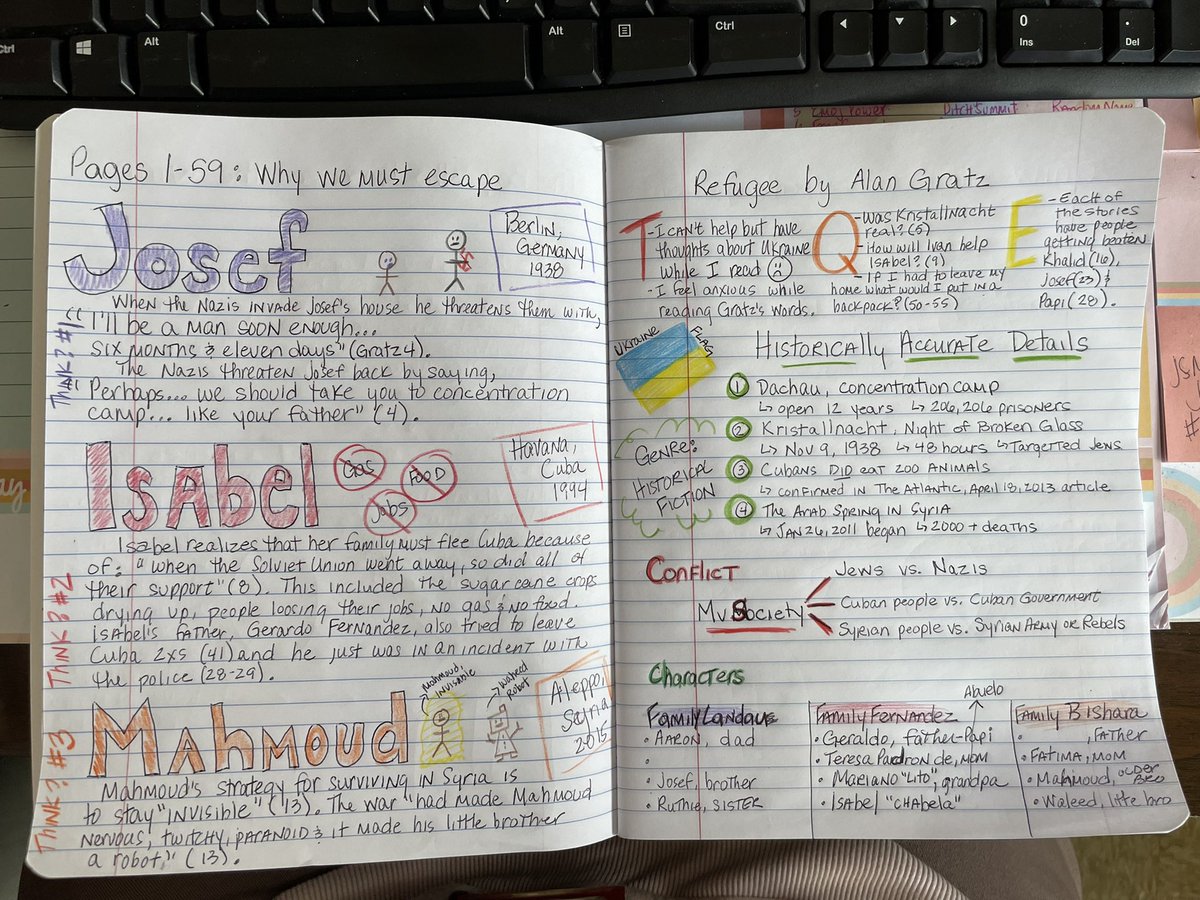 146reads1's tweet photo. Can I be in ❤️ with a strategy? If the answer is YES- then #ThoughtNotes is it! It’s a mashup of #doodlenotes #TQE Think ?s, literary elements &amp; student choice. Here is my first spread for @AlanGratz Refugee our 8 grade @studysync novel &amp; the bookmark in English &amp; Spanish https://t.co/sSvDE5HWhf