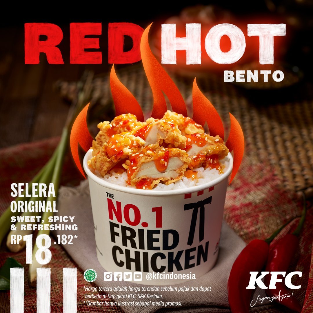 Sekarang ada Red Hot Bento di KFC dengan harga 18 ribuan*!!!

Gurihnya potongan ayam dengan saus pedas, manis, dan refreshing di atas nasi lembut yang hangat, dijamin bikin nagih! Produk tersedia di <a href="/KFCINDONESIA/">KFC Indonesia (Jagonya Ayam!)🔥</a> Lantai GF Tangcity Mall

#tangcitytenant