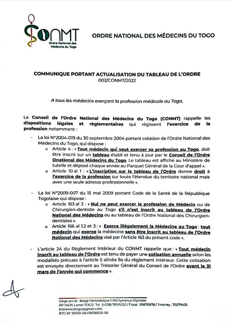 Conseil_ONMT's tweet photo. L'inscription au tableau de l'Ordre n'est pas facultative.
Tous les médecins nationaux ou expatriés (du secteur privé, public ou confessionnel) exerçant ou voulant exercer la médecine au Togo sont invités à se conformer aux dispositions légales avant le 28 Mars 2022! 
#Tgtwittos https://t.co/IVULIXU1Az