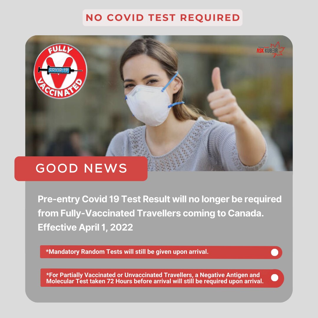 AskKubeir's tweet photo. 𝗚𝗢𝗢𝗗 𝗡𝗘𝗪𝗦!👏
Effective April 1, 2022, Pre-entry Covid 19 Test results will no longer be required upon arrival in Canada for Fully-vaccinated travellers.😁👏
Stay Safe and Welcome to Canada!🍁❤️
#foreverhopeful #canadianborders #bordermeasures #traveladvice #covidupdate https://t.co/1HGFDKc2cw