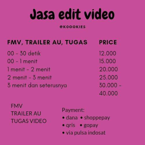 k0ookies's tweet photo. Halo aku buka jasa edit video untuk, tugas video, trend tiktok, trailer au dan lain lain, price mulai dari 5.000 sampai 40.000 💌🙆🏻‍♀️ https://t.co/Q5IMgl4AZr